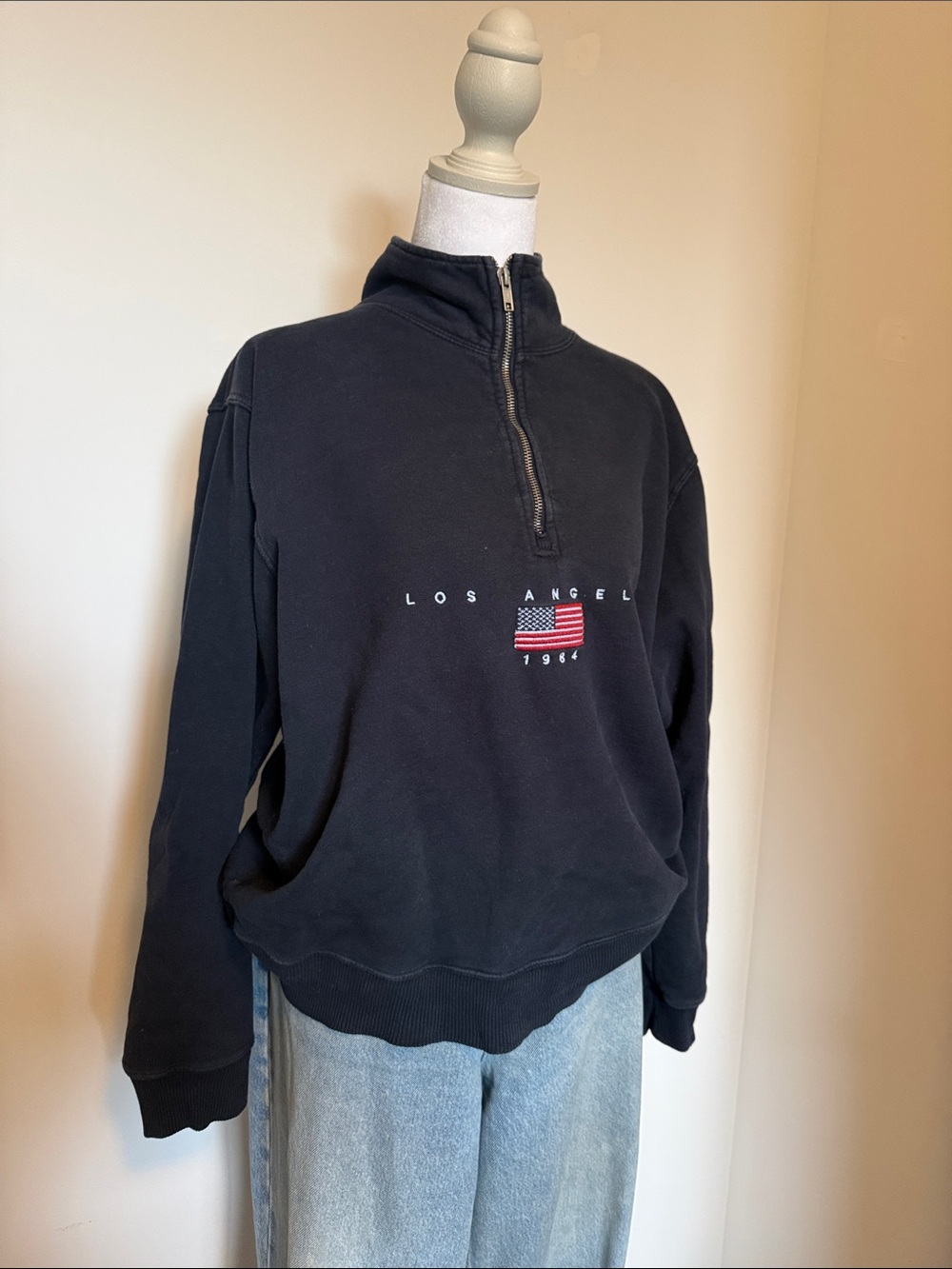 Brandy Melville Navy Half-Zip Pullover Sweatshirt with Flag Embroidered Detail